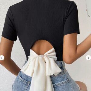 SHEIN Black Short-Sleeve Top with White Tie-Back Bow